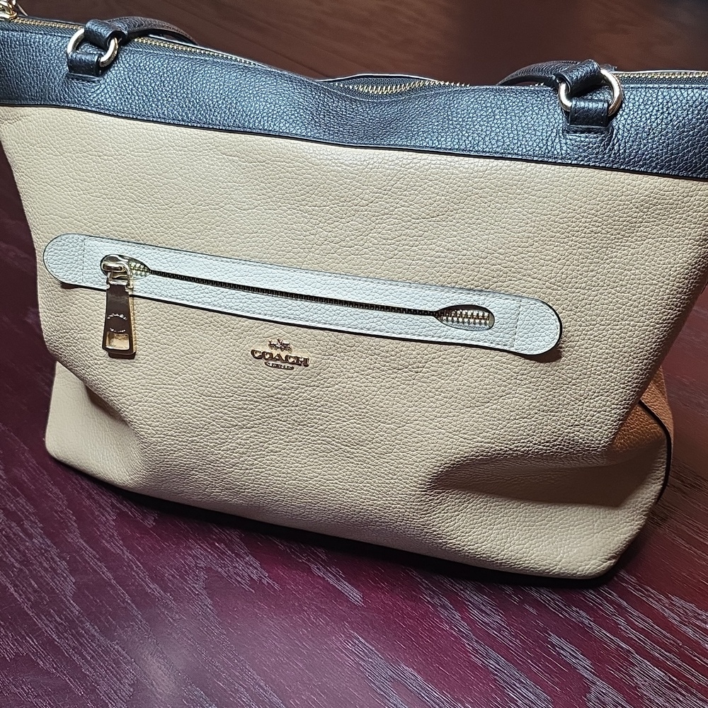 Coach Two-Tone Pebbled Leather Shoulder Bag - Beige and Black